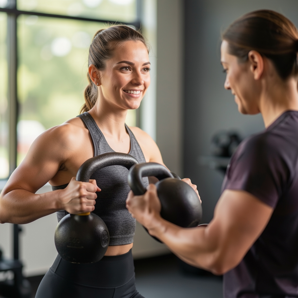 Fitness coaching session in progress, client performing a kettlebell movement pattern assessment with coach observing from the side in a private studio environment