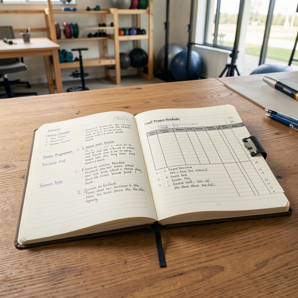 Open notebook with detailed training programme notes, load progression tables and session feedback written in clear handwriting, placed on a wooden desk in a coaching studio office