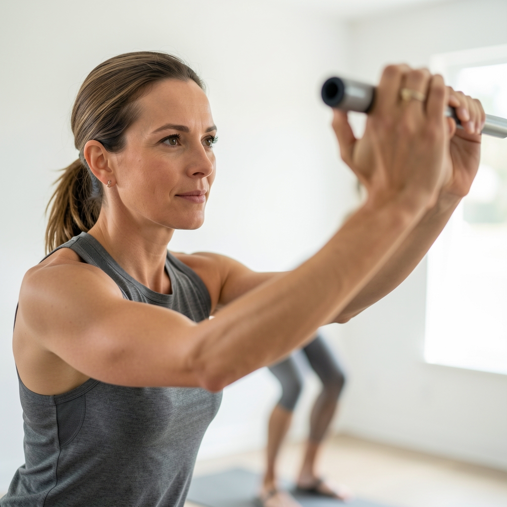 Coach conducting a movement screening assessment with a client, observing overhead squat position in a bright private studio with clean white walls and controlled lighting