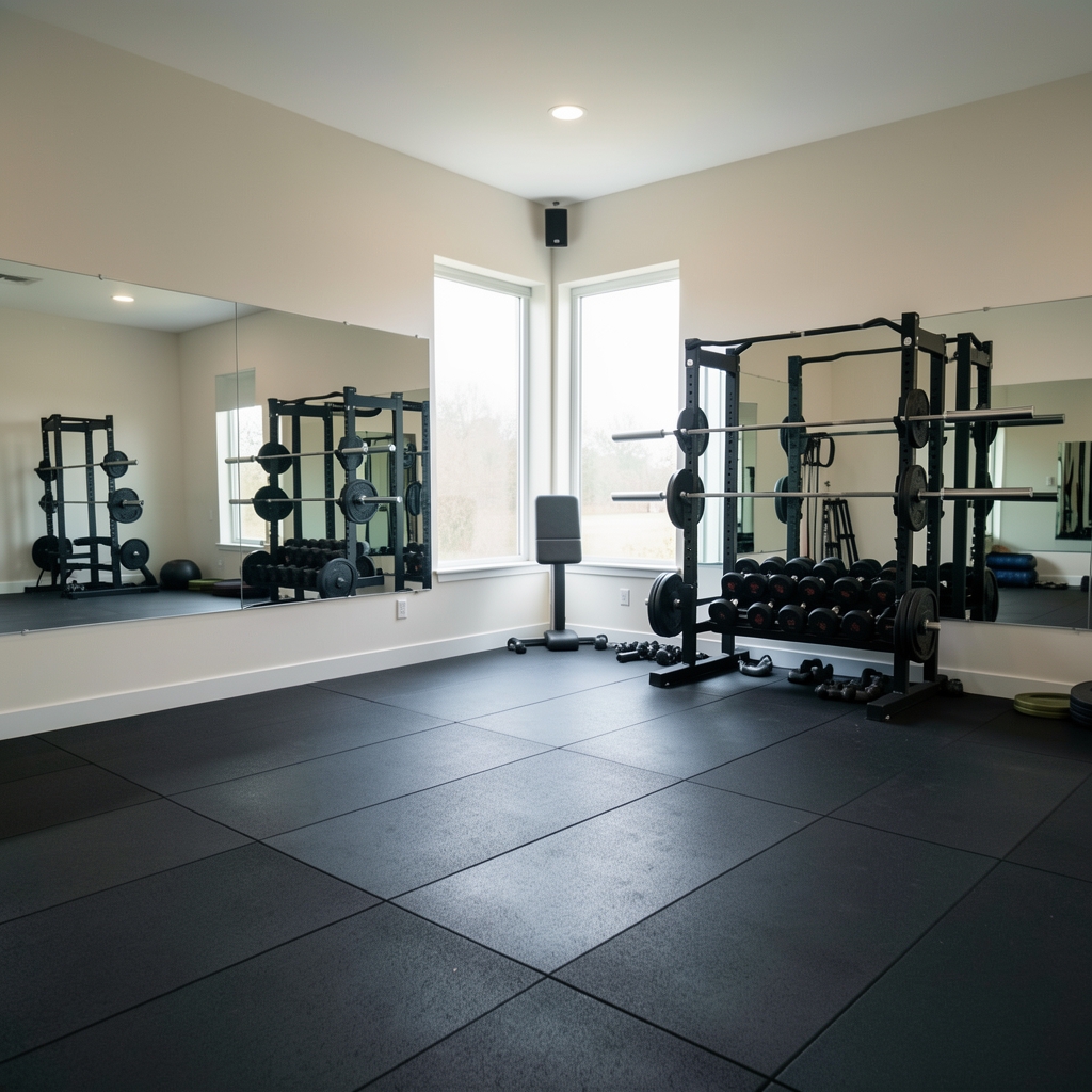 Wide view of a clean private training studio in Kuala Lumpur featuring rubber flooring, wall-mounted mirrors, barbell rack, and natural light from corner windows